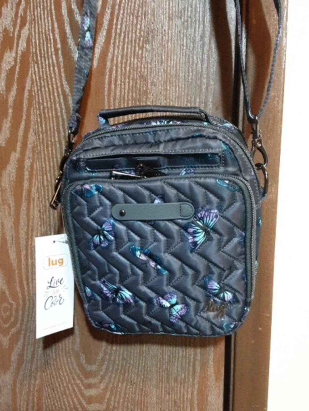 NWT Lug Skeeter Crossbody In Butterfly Gray With Charm Bar